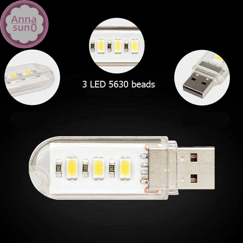 Annasun 便攜式迷你 LED 小夜燈野營設備 USB 電源 3 LED 燈芯片燈 HG
