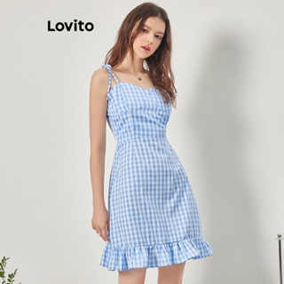 Lovito 女款休閒格紋荷葉邊蝴蝶結洋裝 L68ED151 (藍色)