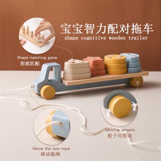 🌈蒙氏寶寶手抓小推車木質拉繩滑行嬰兒爬行形狀認知益智玩具拼插智力車