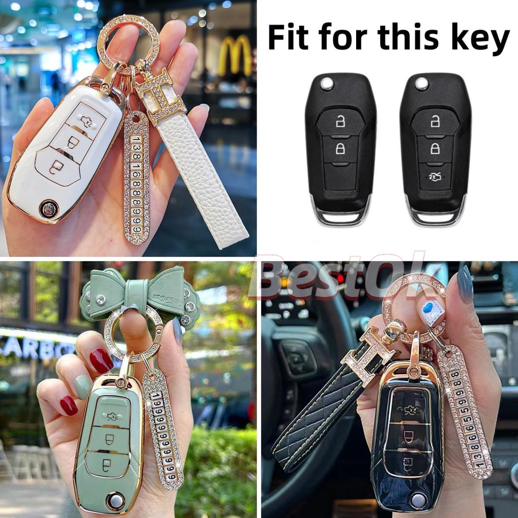 3 按鈕 TPU 金邊汽車鑰匙套帶鑰匙扣適用於福特 Ranger Ford Ecosport Focus Escape