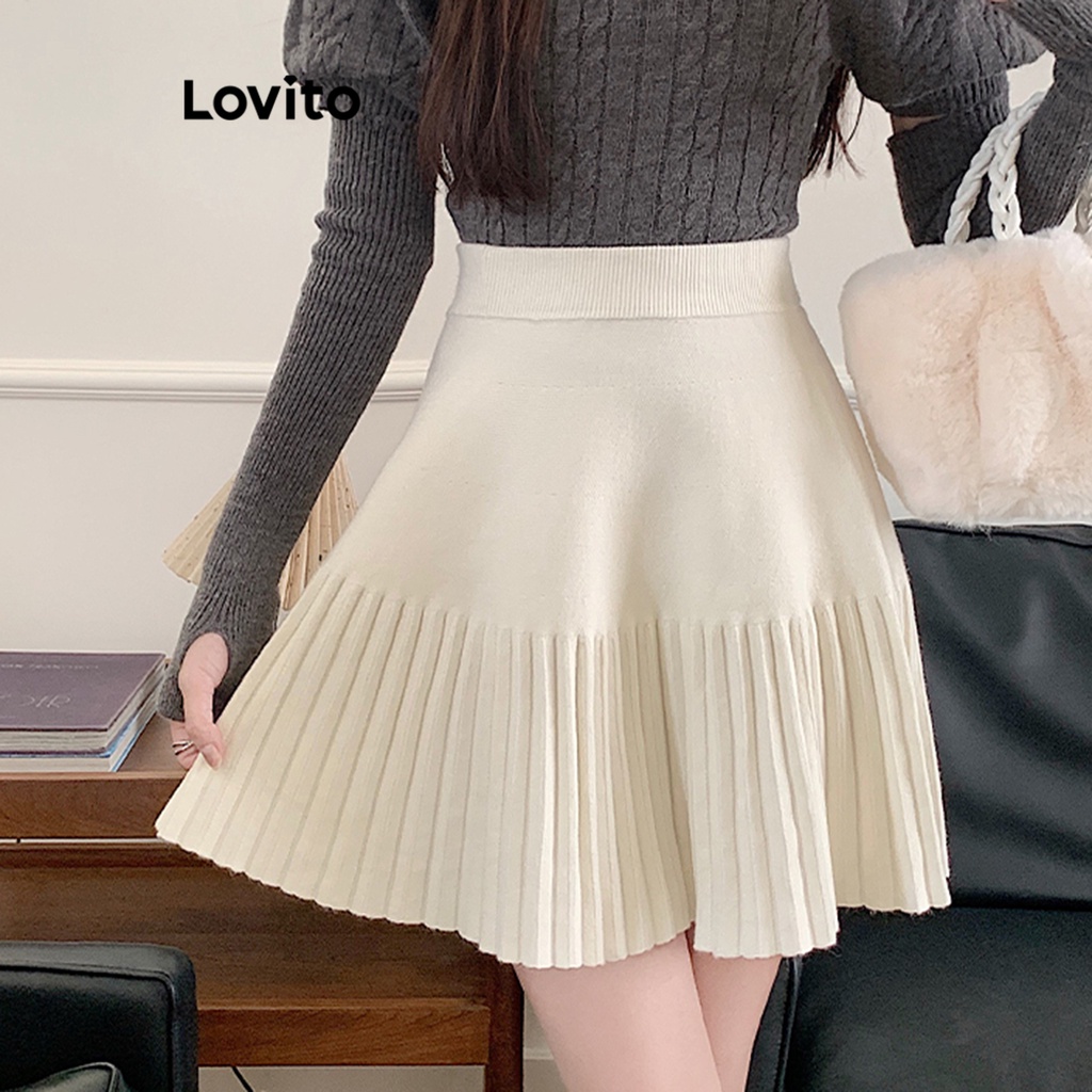 Lovito 女士休閒素色百褶針織短裙 LNA30032 (灰色/米白色/黑色)