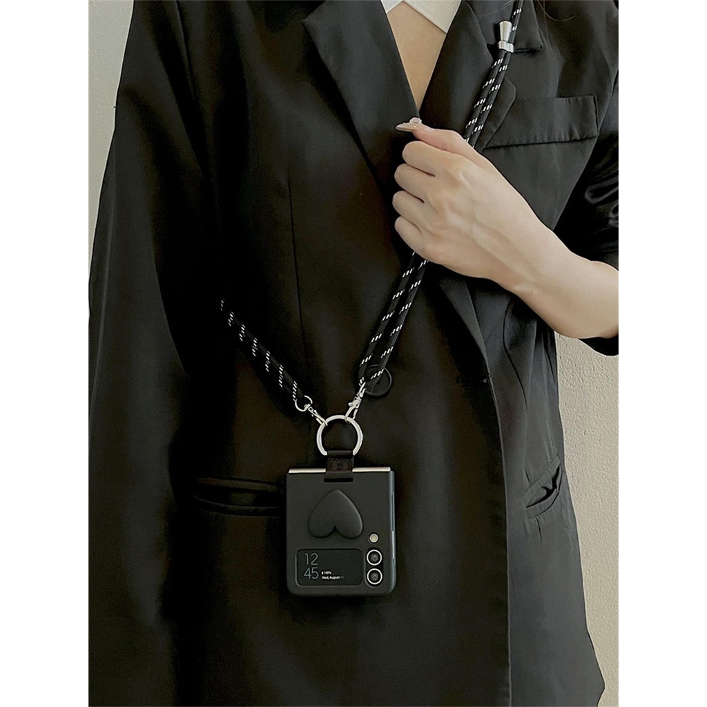 SAMSUNG 奢華時尚斜挎掛繩長肩帶愛心戒指架純色手機殼適用於三星 Galaxy Z Flip 5 4 3 Flip5