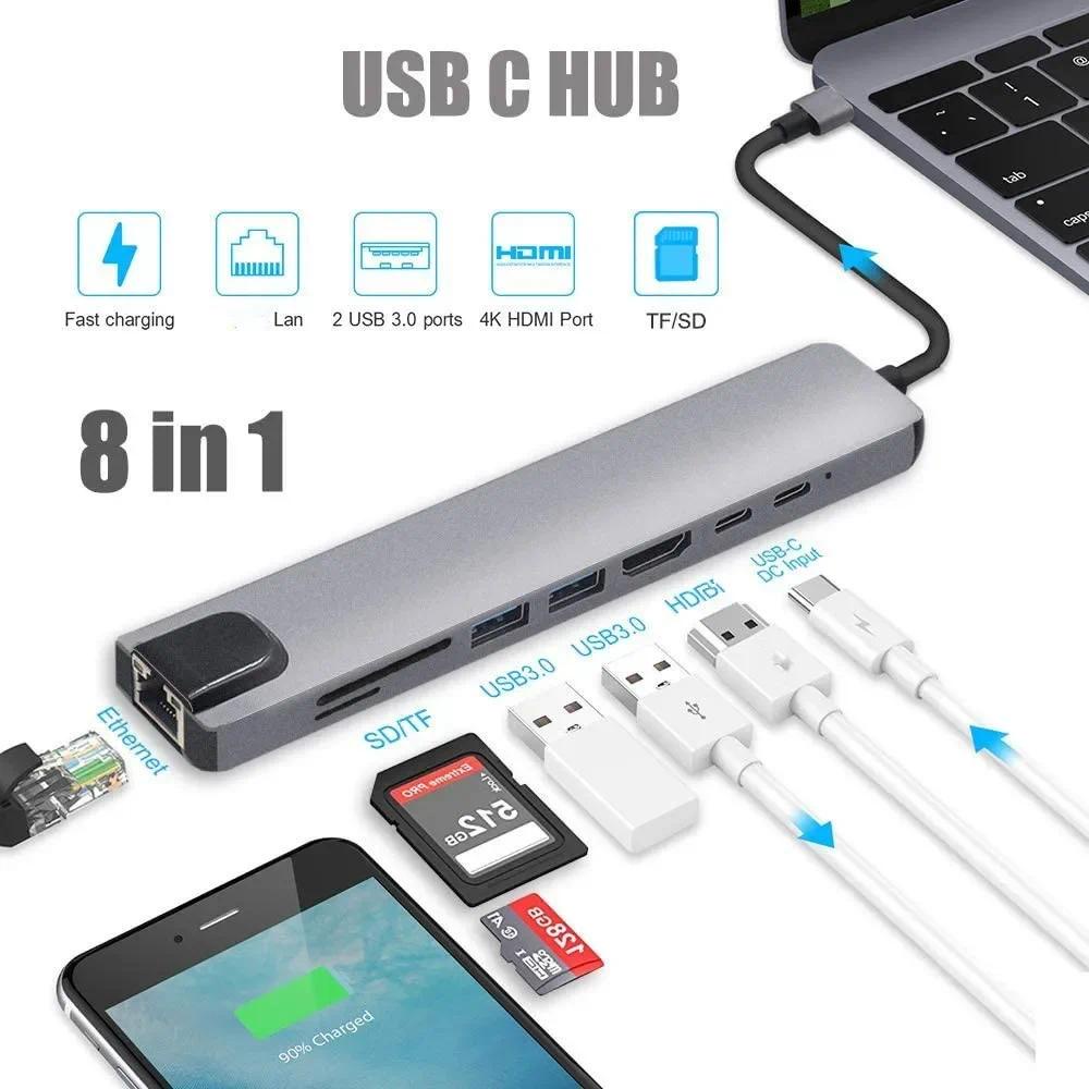 Usb C HUB Type C 適配器,帶 4K USB C 轉 HDMI 兼容 1000M 以太網 2 USB 3.
