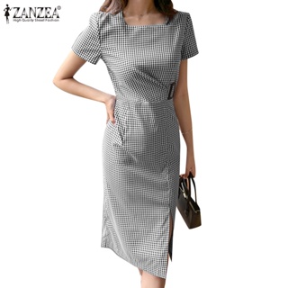 Zanzea 女式韓版短袖下擺開叉方領格子連衣裙
