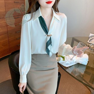 高階緞面雪紡衫時尚職業百搭領帶上衣女小眾v領長袖襯衫春季新款|襯衫|寬鬆襯衫|大尺碼襯衫