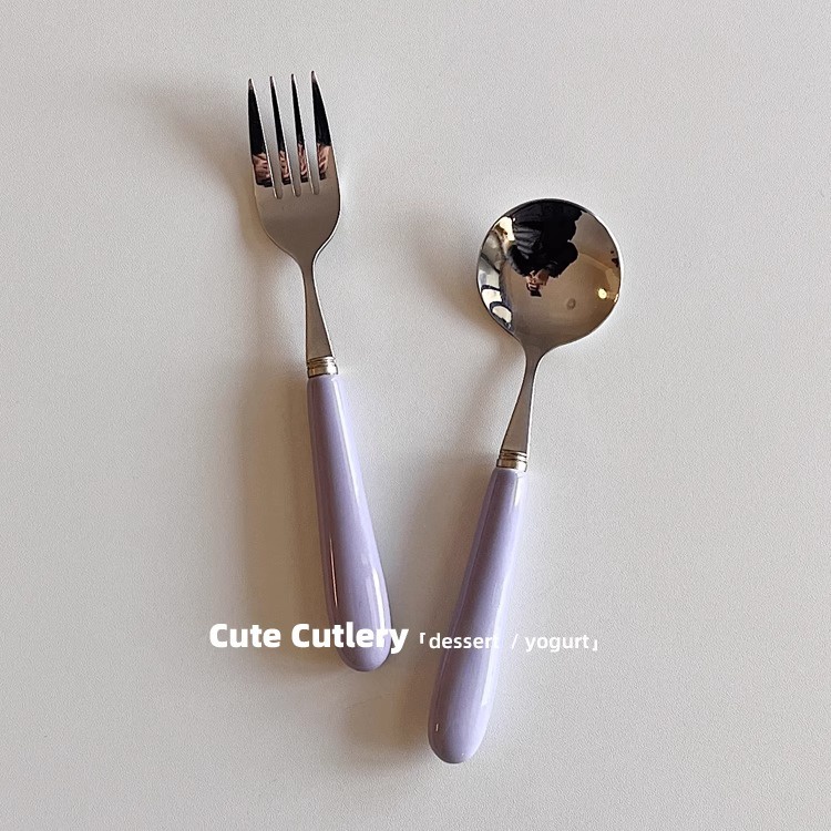 韓式芋頭紫甜品勺沙拉叉長柄家用餐具不銹鋼湯勺