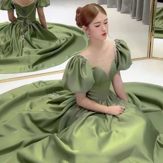 現貨實拍 在逃公主洋裝法式高級緞面綠色復古露背名媛聚會生日主持晚禮服 婚紗