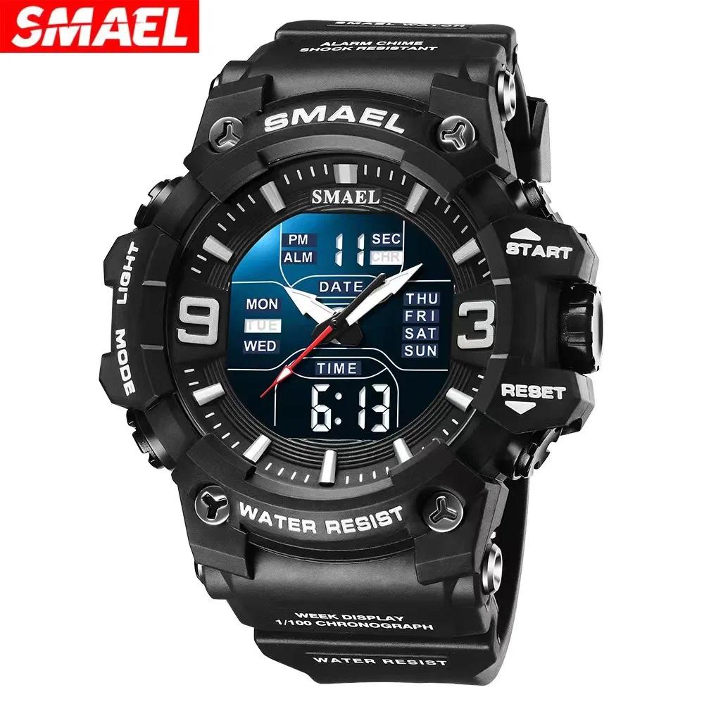 Smael 8049 石英手錶運動時間男士手錶運動防水 LED 燈鬧鐘雙時間顯示週自動手錶