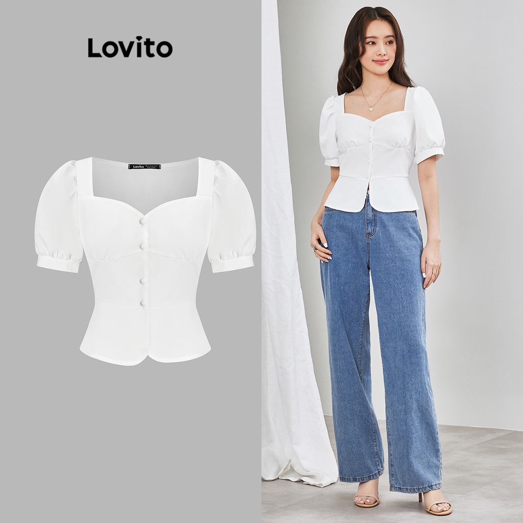 Lovito 女士休閒純色紐帶襯衫 L65ED003 (白色)