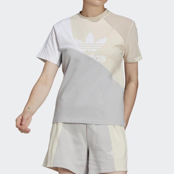 Adidas Adicolor HC7041 女 短袖 上衣 T恤 經典 休閒 國際版 異材質 三葉草 灰米