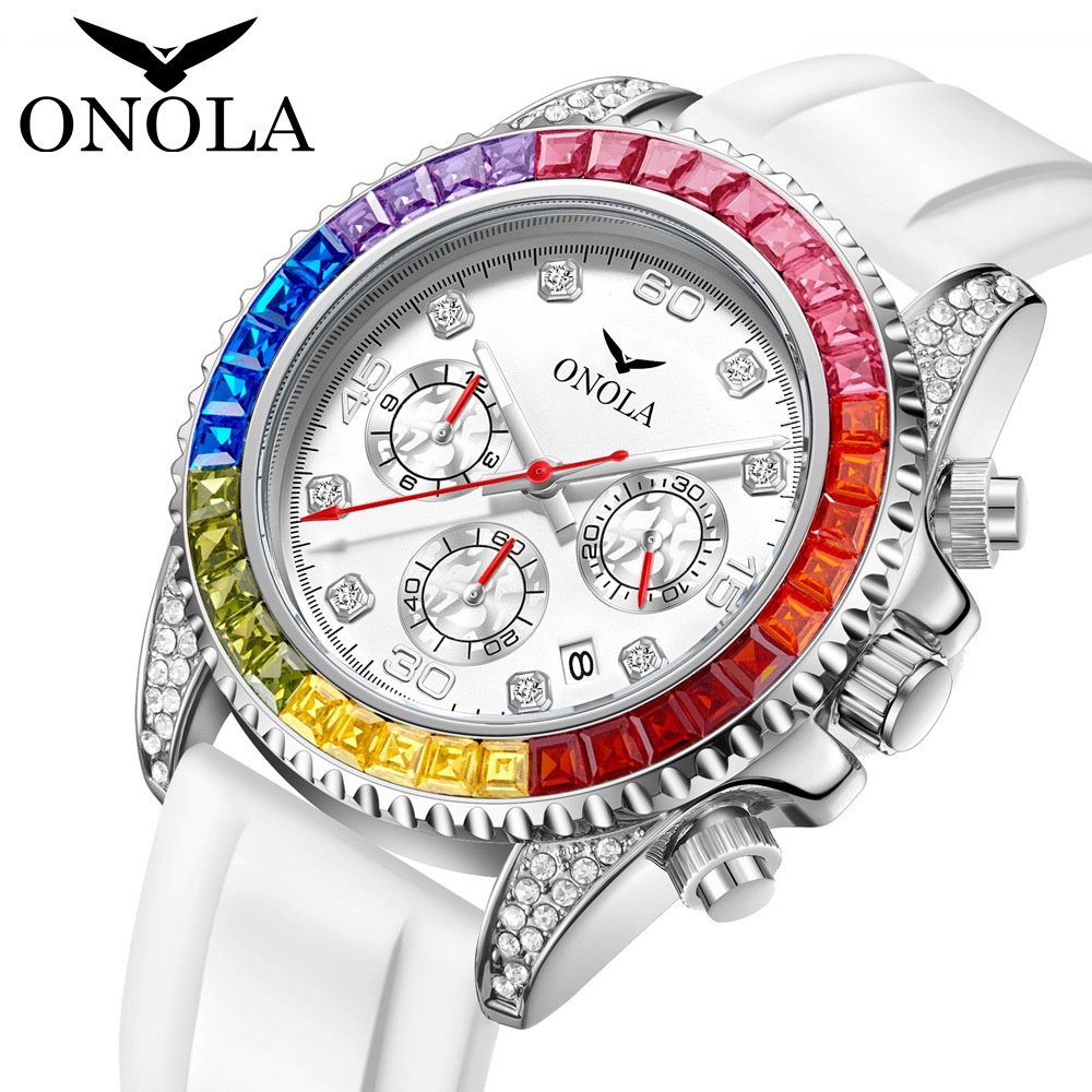 時尚商務金表ONOLA/奧駱納防水硅膠帶彩虹迪手表男士跨境新款表