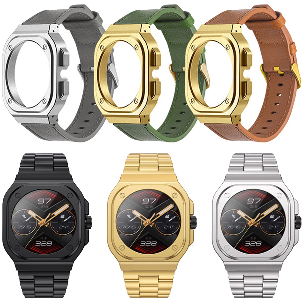 真皮改裝錶帶金屬不銹鋼適用於華為 GT Cyber 錶殼適用於 GT Cyber 錶帶可穿戴配件