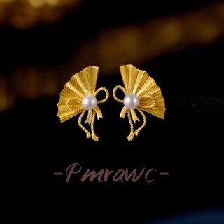 Pmrawc | 18k金折扇蝴蝶結耳釘鑲嵌貝殼珍珠優雅扇貝耳環fj1560