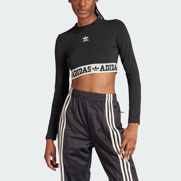 Adidas Slim LS Tee IS5266 女 長袖 短版 上衣 亞洲版 經典 三葉草 休閒 修身 時髦 黑