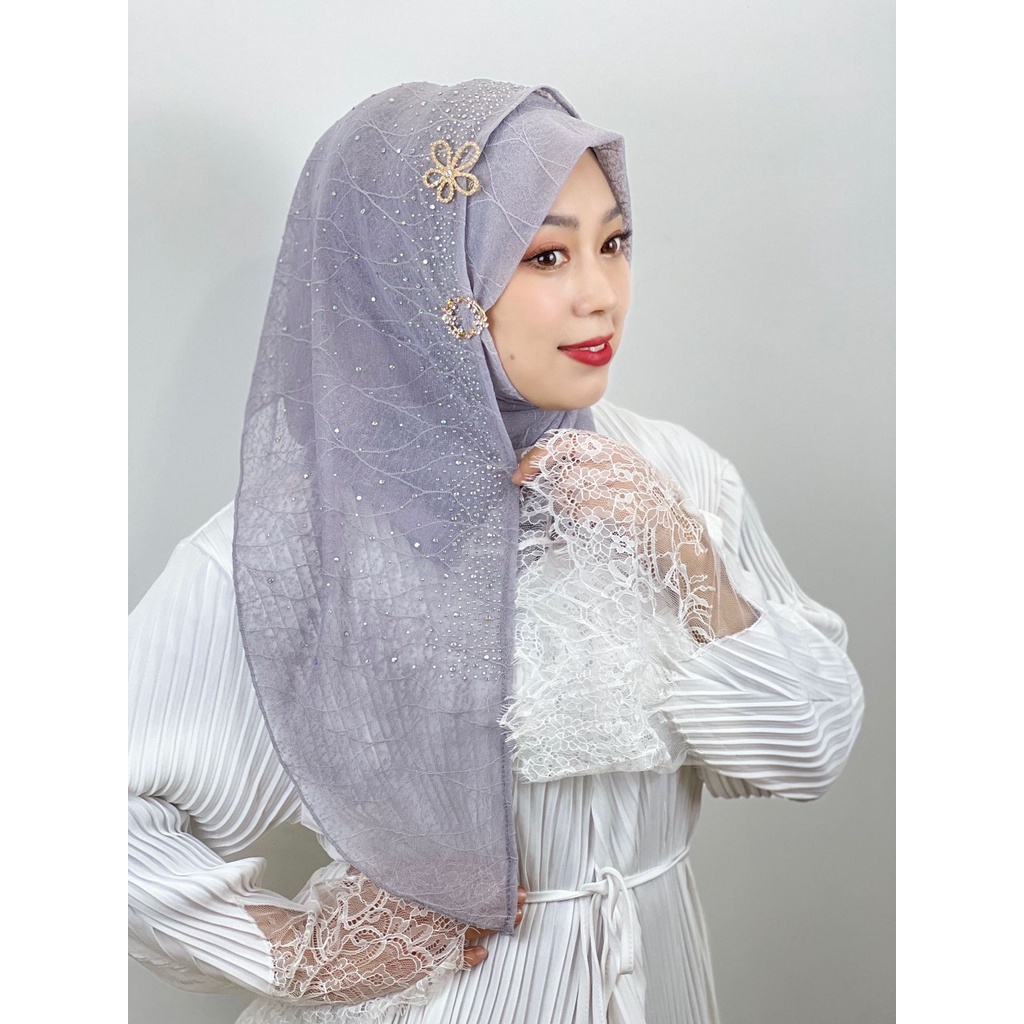 新款重工Jilbab套頭頭巾 hijab segi empat  網格紋理女士頭巾 亮鑽包頭圍巾 現貨方便頭巾 穆斯林女