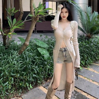 新款氣質薄款溫柔風中長款外套 女生防曬針織開衫 洋氣減齡長袖毛衣口袋設計上衣