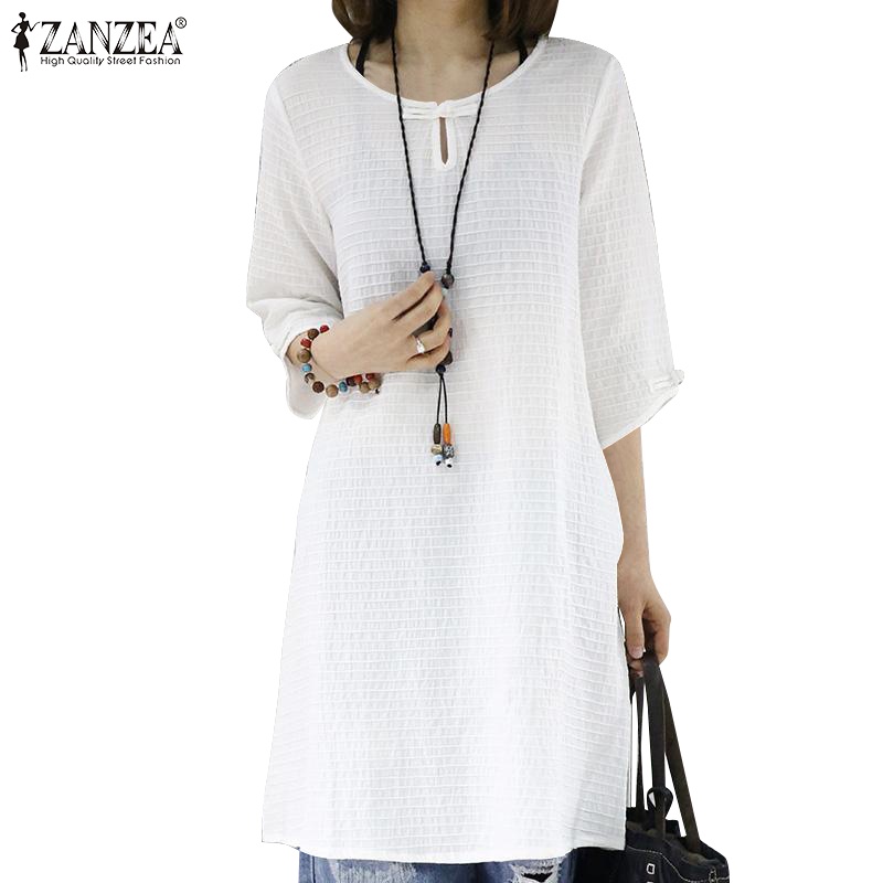 Zanzea 女式韓版純色圓領 3/4 袖鈕扣拼布連衣裙
