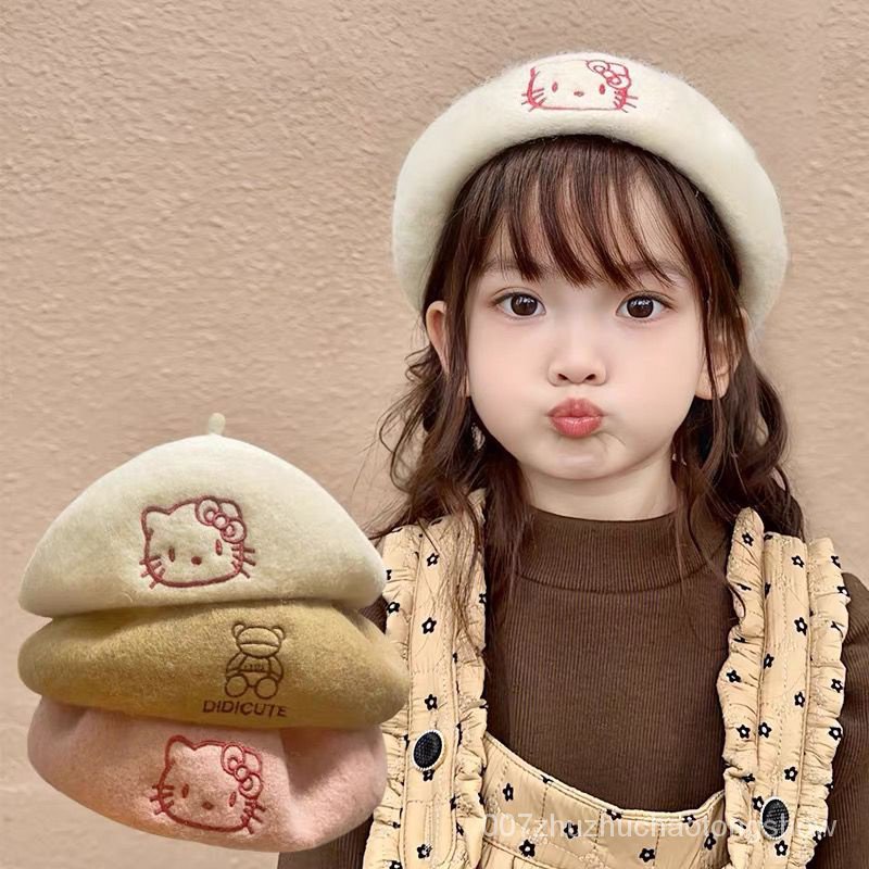 兒童卡通貝雷帽秋冬帽凱蒂貝雷帽復古畫家羊毛可愛甜美女童畫家帽