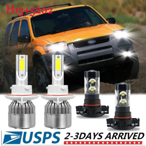 4X 適用於福特 Escape 2008 - 2012年汽車大燈 LED 車頭燈高低光束 + 霧燈燈泡組合 H13+52