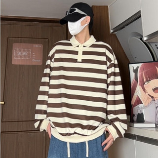 【HOT 本舖】男裝 條紋長袖POLO衫男 秋季透氣翻領珠地棉衛衣t恤男 寬鬆T 大學T 休閒上衣