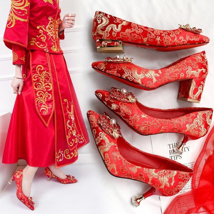 😍新中式紅色細跟婚鞋 高跟鞋 結婚鞋 新娘鞋 中式婚鞋 婚鞋 粗跟 細跟 紅色鞋子 敬酒鞋 婚禮