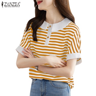 Zanzea 女式韓版短袖圓領條紋拼接彩色拼接襯衫