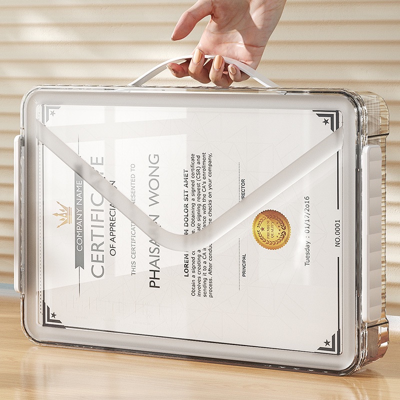居家收納PET透明證件收納盒簡約塑膠桌面收納盒帶提手邊扣抽屜收納盒現貨