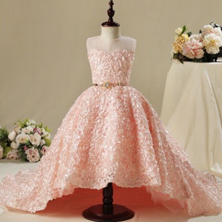 春夏新款兒童婚紗禮服拖尾裙粉紅色兒童模特走秀鋼琴表演禮服