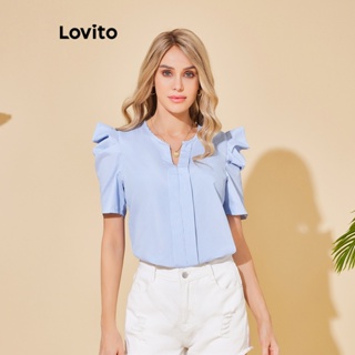 Lovito 優雅條紋結構線-泡泡袖女襯衫 LBL06037 (淺藍色)