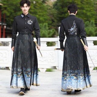 【桃喜Rich現貨】大碼 男織金馬面裙系列 改良漢服 男女款黑色上衣 織金馬面裙 新中式國風 情侶款套裝 古裝 漢元素