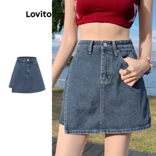 Lovito 女士休閒素色假兩件合一口袋牛仔短褲 L77ED003
