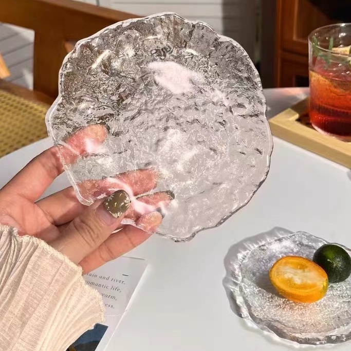 【現貨】ins風冰川玻璃早餐碟 水果盤創意網紅醬料碟子 點心碟子 玻璃透明小碟子 首飾收納盤 茶杯墊 拍照道具