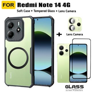 Redmi Note 14 亞克力外殼保護套帶環形鐵皮磁鐵適用於 Redmi Note 14 4G 5G 鋼化玻璃+鏡頭