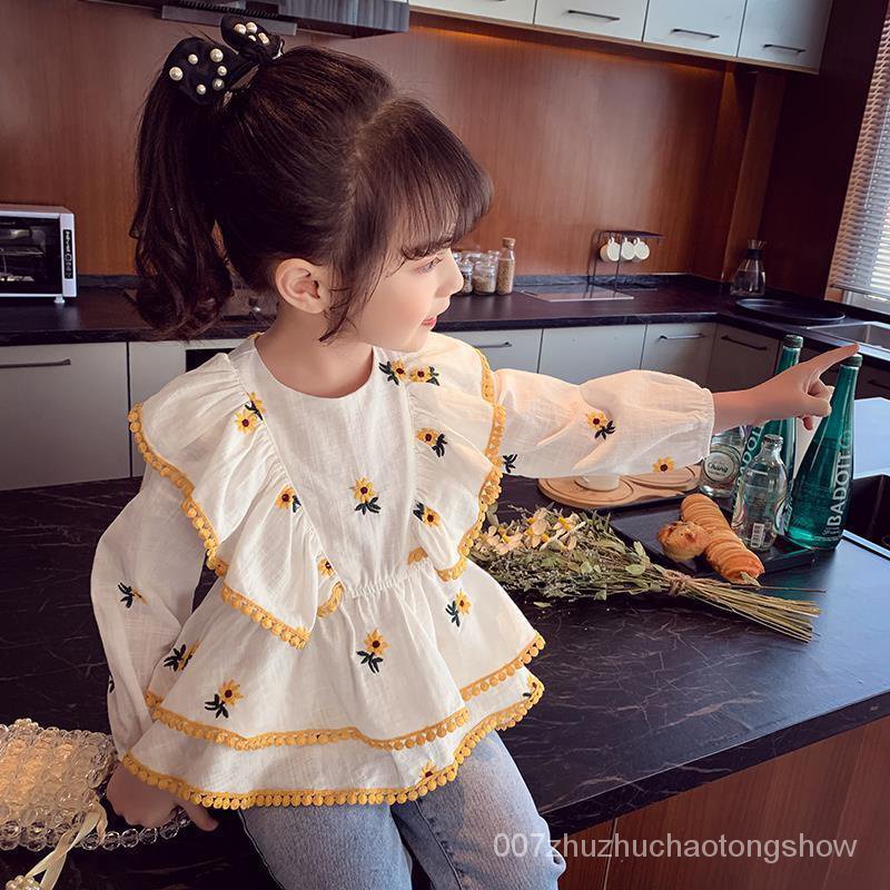 女童秋裝洋氣上衣2023新款兒童韓版向日葵刺繡襯衫小女孩花邊襯衫