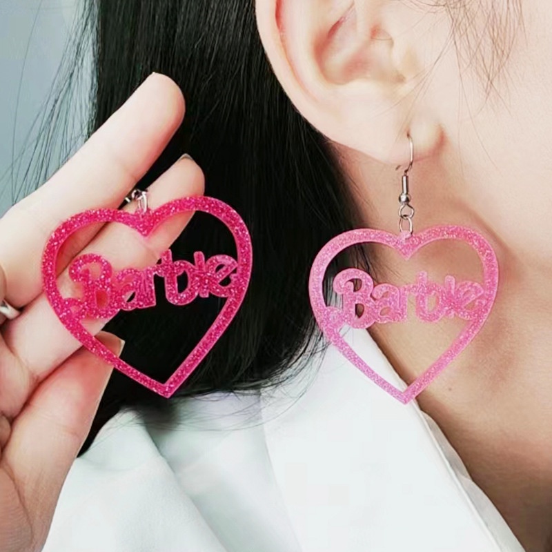 新款閃亮芭比粉色鏤空愛心吊墜耳環女式女孩甜美亞克力鉤耳環首飾