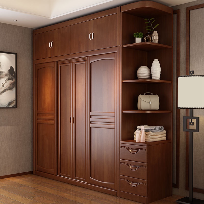 中式全實木推拉門衣櫃 整體組合四門儲物柜子 卧室家用原木大衣櫥
