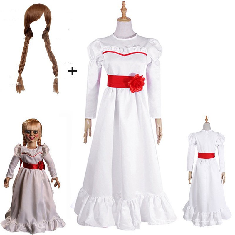 電影安娜貝爾角色扮演 萬聖節服裝白色洋裝 兒童萬聖節服裝和假髮 MEQE