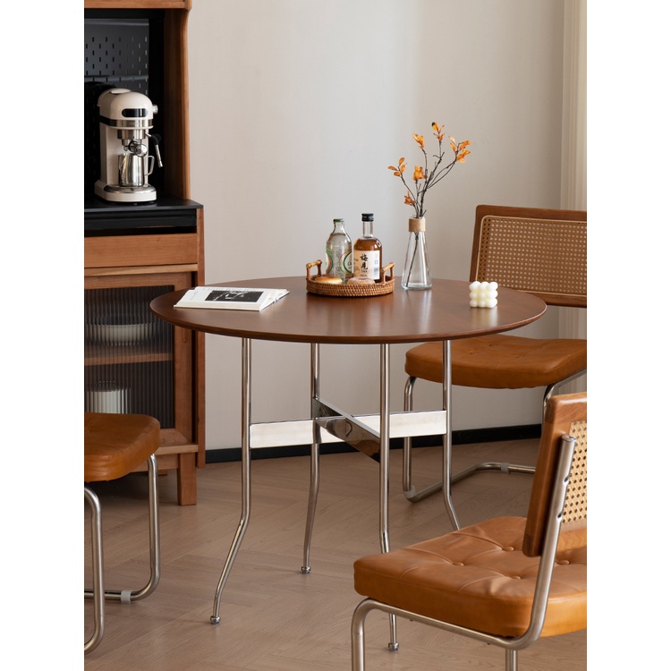 『Royal_Furniture』實木圓餐桌復古家用飯桌不銹鋼北歐風日式原木小戶型桌子中古傢具