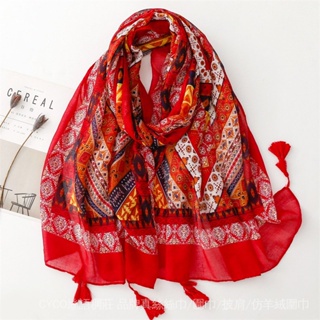復古民族風波西米亞紅色圍巾棉麻手感薄款巴釐紗絲巾旅遊防晒披肩