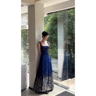【❤️桃喜Rich現貨】印花馬面裙 新中式 國風漢服女改良款日常可穿 吊帶上衣 印花藍色馬面裙 兩件套 御姐套裝 漢元素