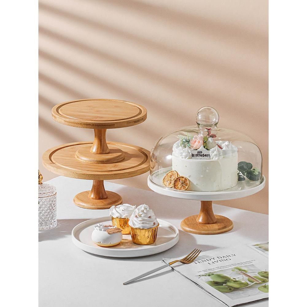 ‹蛋糕罩›現貨 高腳蛋糕展示  托盤  玻璃罩甜品臺擺件木架子北歐風生日點心架試吃盤