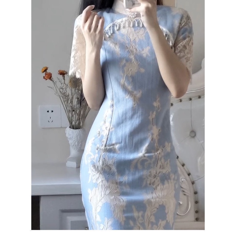 藍色旗袍洋裝時尚蕾絲氣質洋裝洋裝