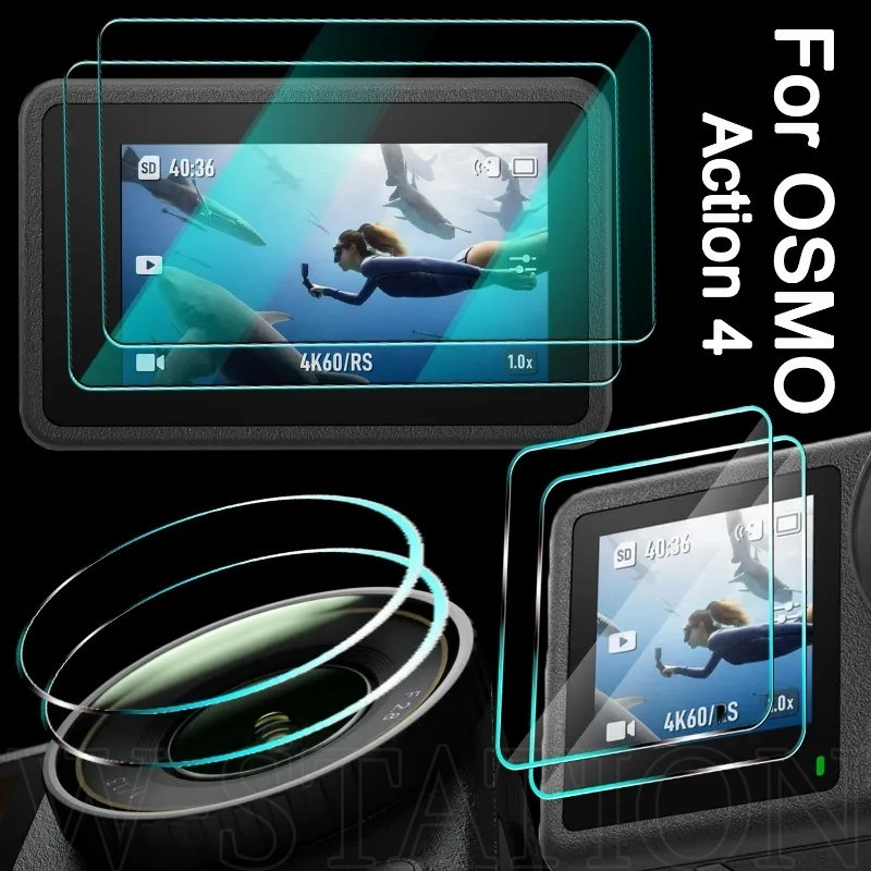 鋼化玻璃兼容 DJI OSMO Action 4 / 前後屏幕保護膜 / 高清相機鏡頭玻璃蓋 / 戶外攝影防刮保護膜
