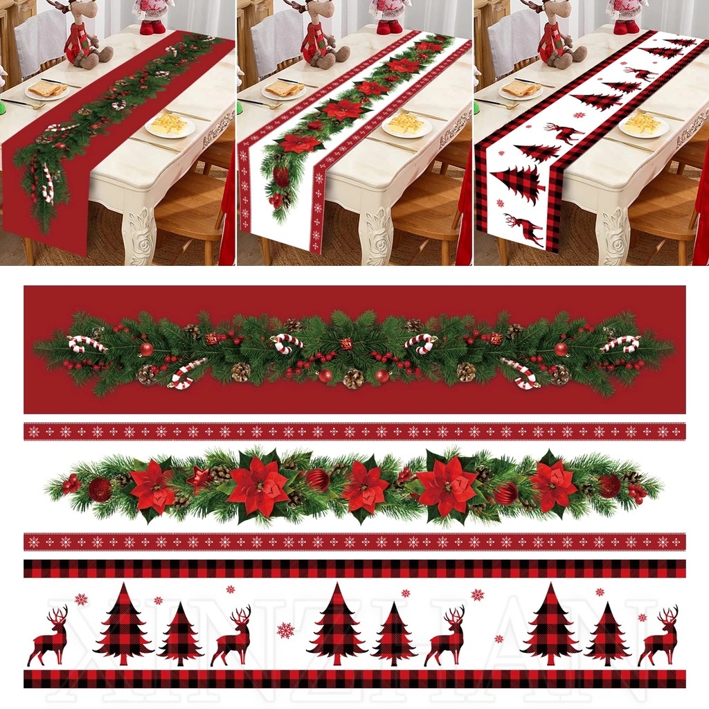 180*35cm 聖誕快樂桌布聖誕晚宴餐桌裝飾品紅花松葉聖誕桌旗罩聖誕桌旗聖誕裝飾