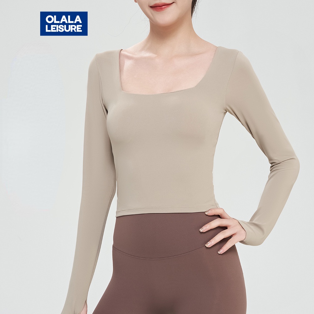 OLALA 裸感普拉提T恤顯瘦健身上衣運動健身服帶胸墊訓練服瑜伽服女長袖