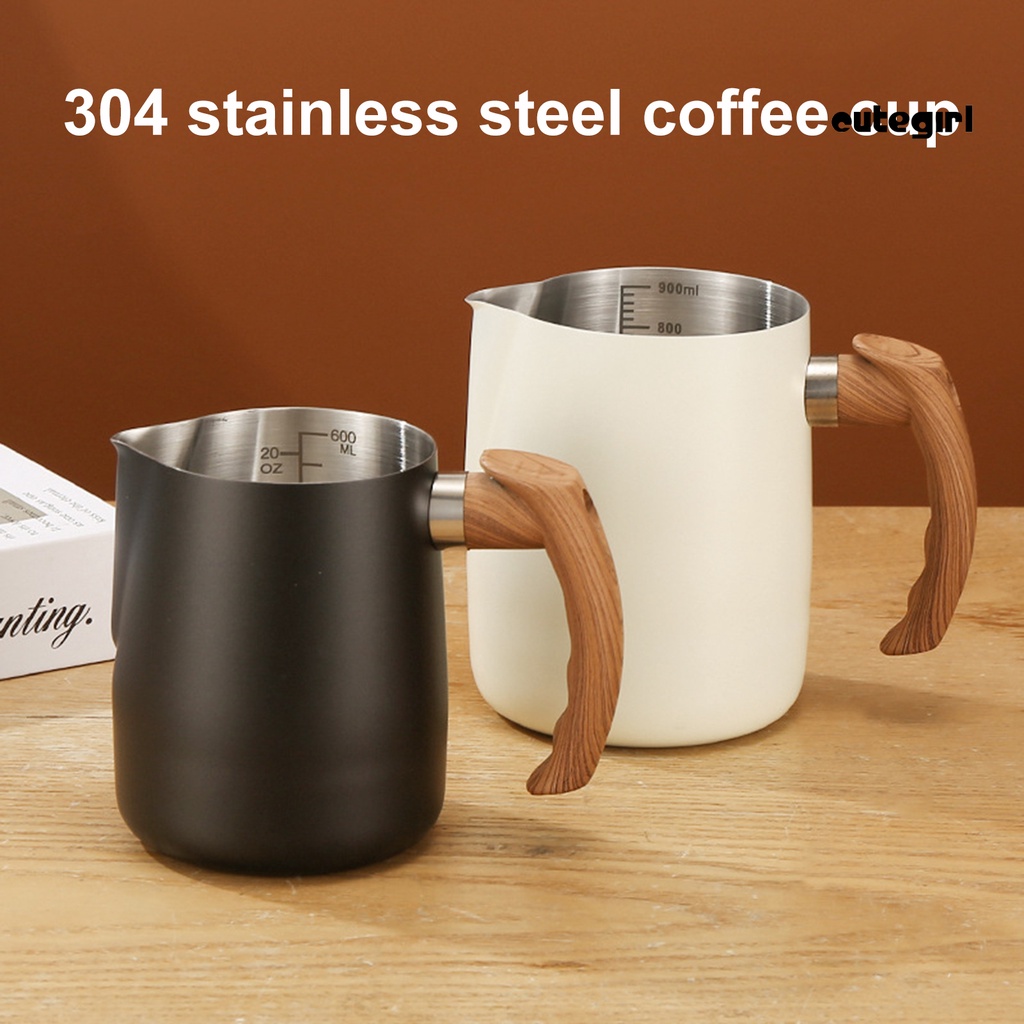 [熊熊家居]304不鏽鋼木紋柄拉花杯 尖嘴拉花缸帶內刻度量杯花式咖啡杯奶泡杯