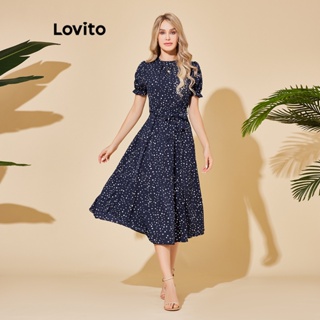 Lovito 女款休閒點點荷葉邊洋裝 LBL06010 (深藍色)