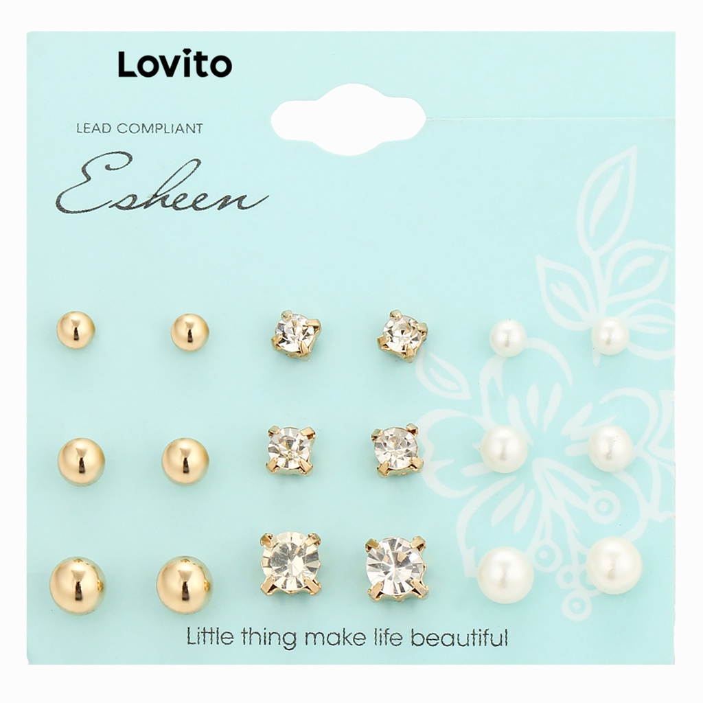 Lovito 女士休閒素色珍珠金屬 9 件耳環 LFA11059