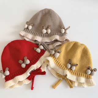 韓版 寶寶帽子 冬季 雙層 加厚保暖 女童 公主 護耳帽 可愛 蝴蝶結 花邊 毛線帽 2023新款