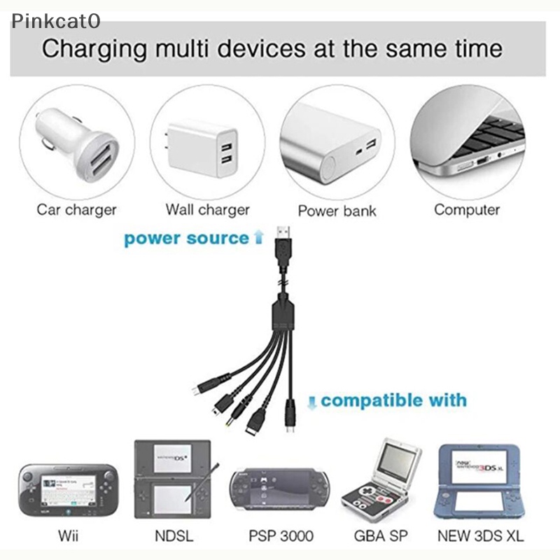 Pinkcat0 5 合 1 Usb 充電線充電器適用於任天堂 WII U 3DS NDSL XL DSI PSP TW
